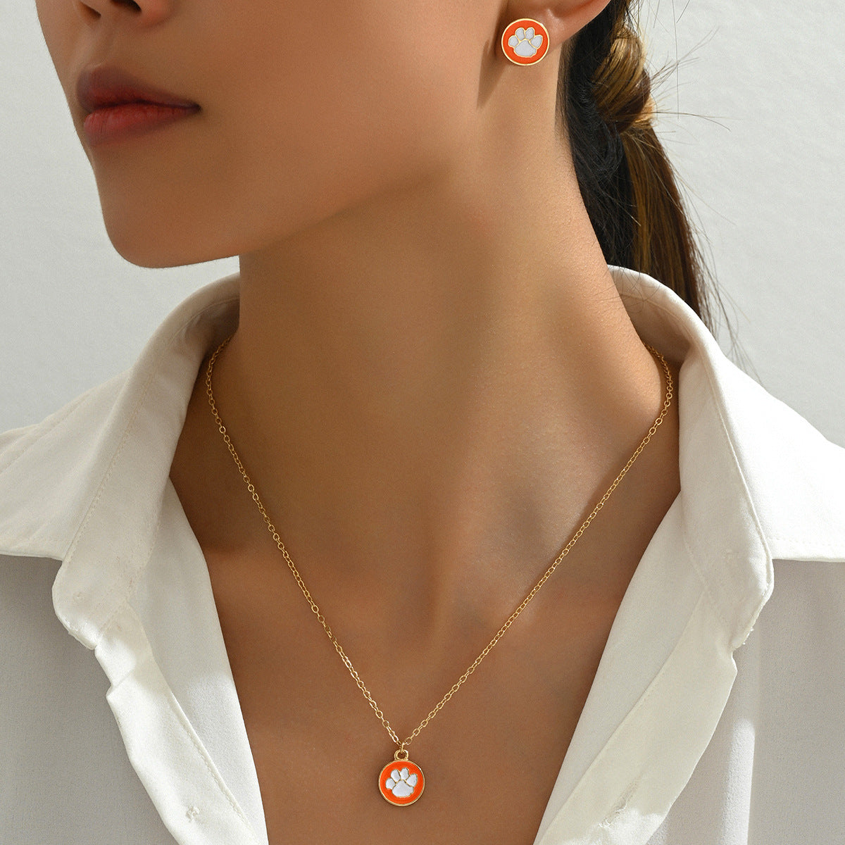 2024 New Fashion OL Necklace Earrings Suit Women's Personality Dog Paw Print Oil Drop All-match Design Clavicle Chain