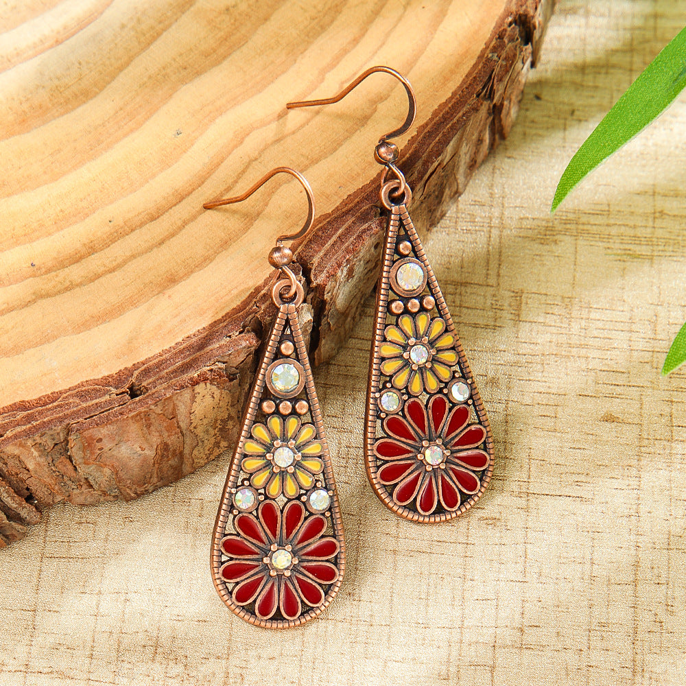 Metal Earrings Water-drop-shaped With Small Daisies Oil-drip Style