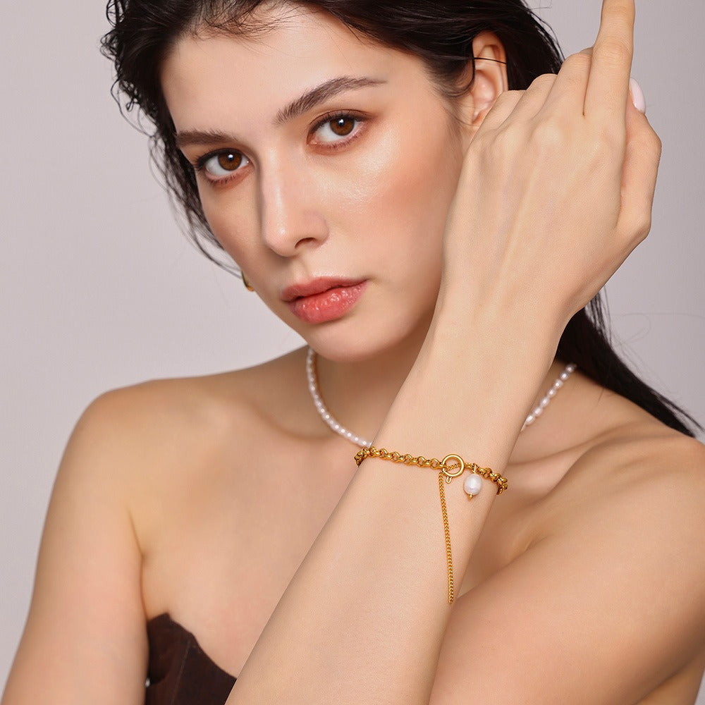 18K gold thick chain with pearl design high-end bracelet