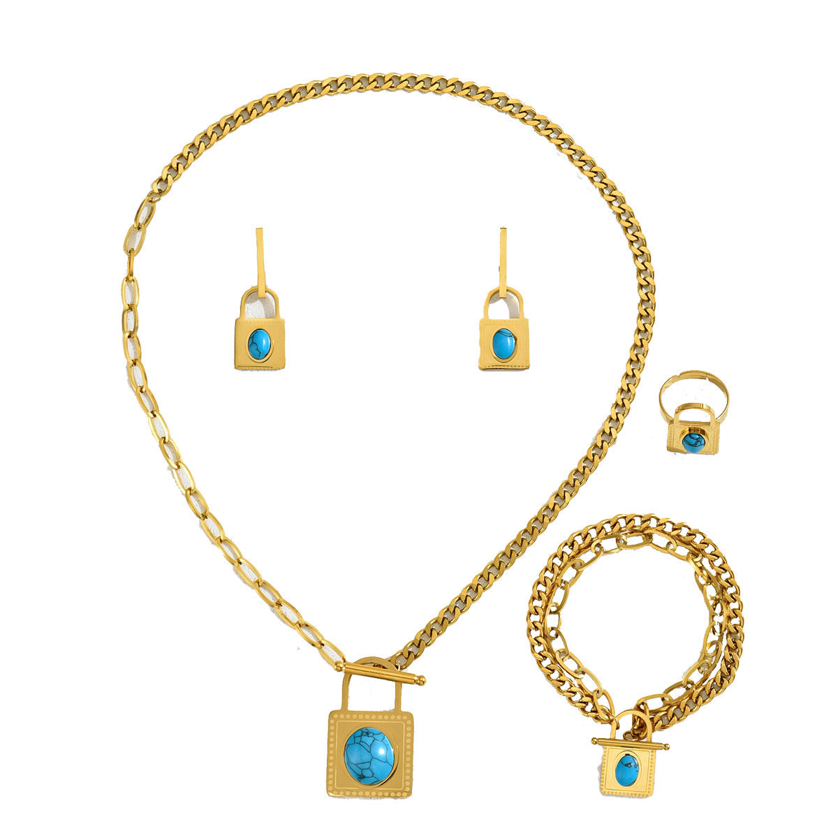 Simple Hip-hop Women's Bracelet Earrings Suit Distinctive Inlaid Turquoise Lock Niche Design Long Necklace