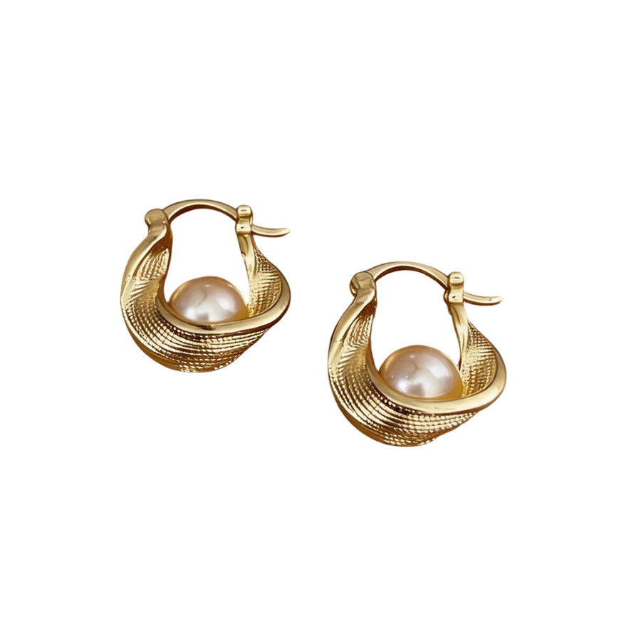 French Cream Style Pearl Silver Half  Huggie Earrings For Women, Elegant Delicate  Style Geometric Circle Ear Jewelry