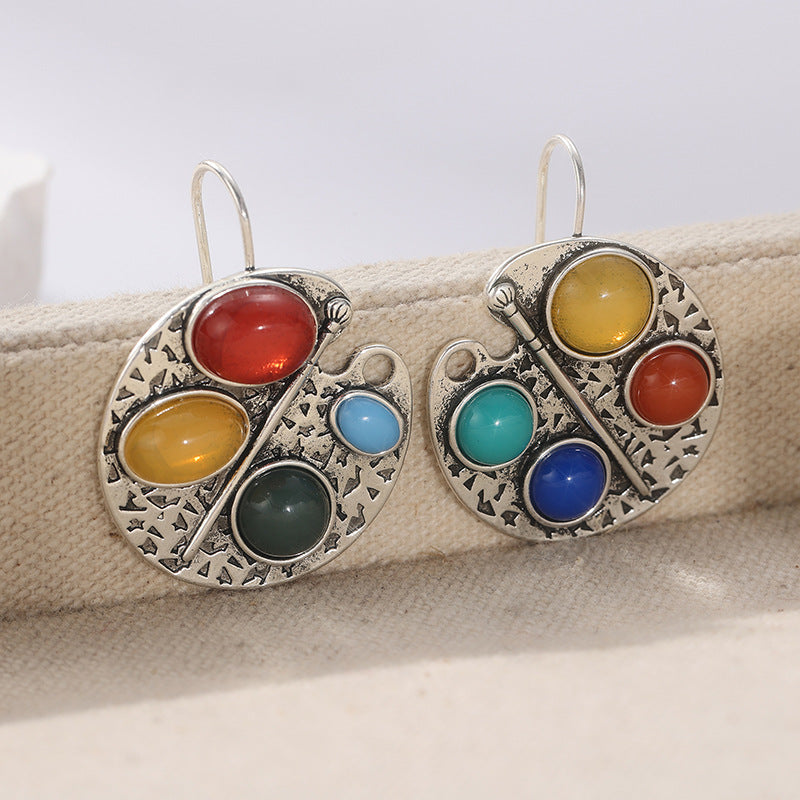 Vintage Colorful Stone Drop Earrings Silver Tone Brass Women Boho Festival Statement Fashion Jewelry Artistic