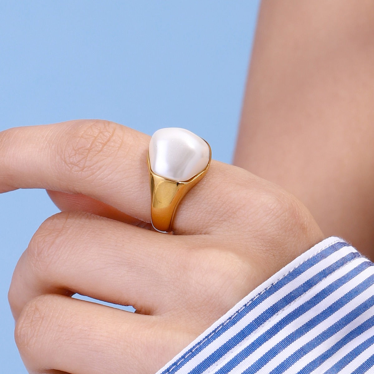 18K gold inlaid irregular pearl design trendy personality ring