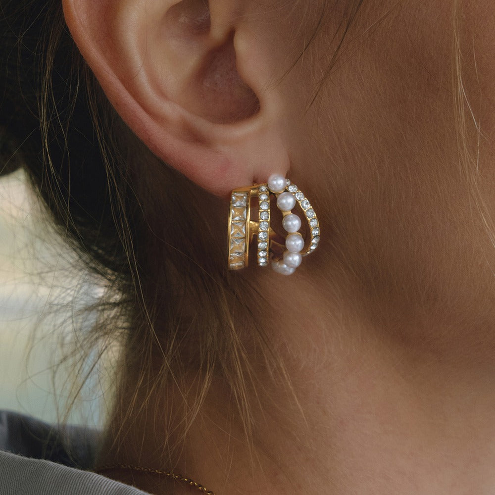 Pearl Zircon C Hoop Earrings