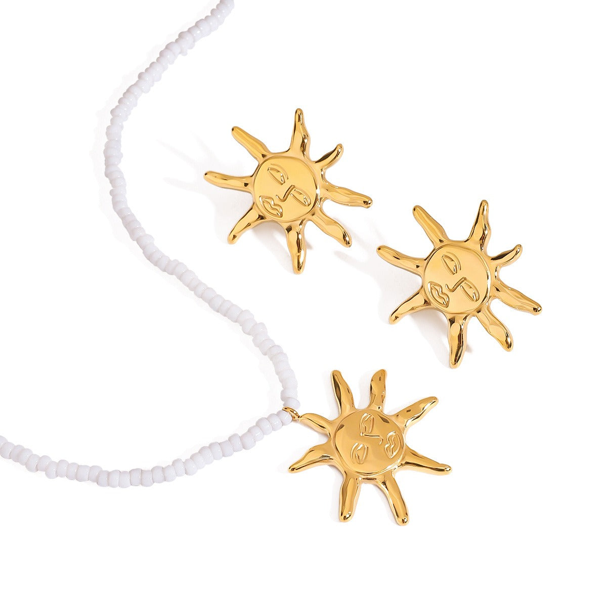 18K gold sun-shaped earrings and necklace set with exaggerated facial features