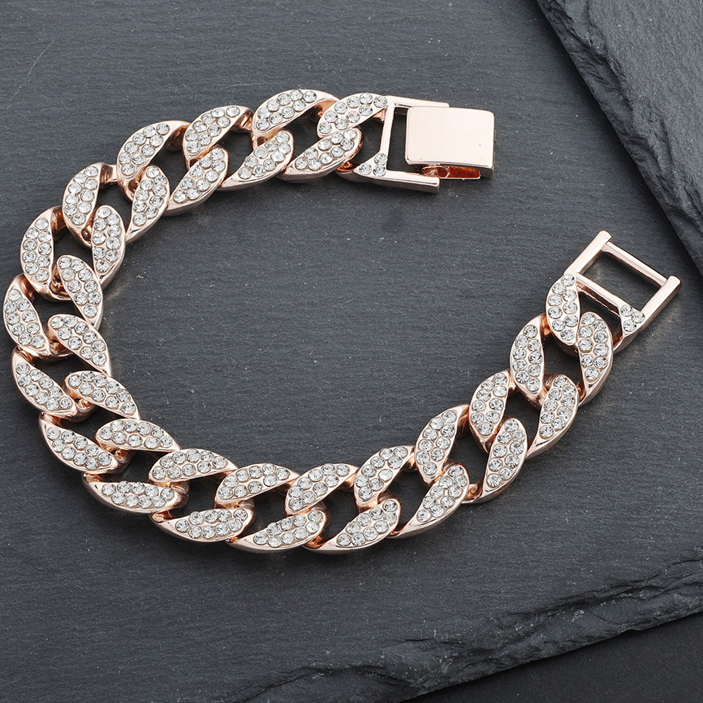 European And American Style Hip-hop Explosions Men's Domineering Cuban Chain Full Set Zircon Exaggerated Large Gold Chain Bracelet Manufacturers Wholesale
