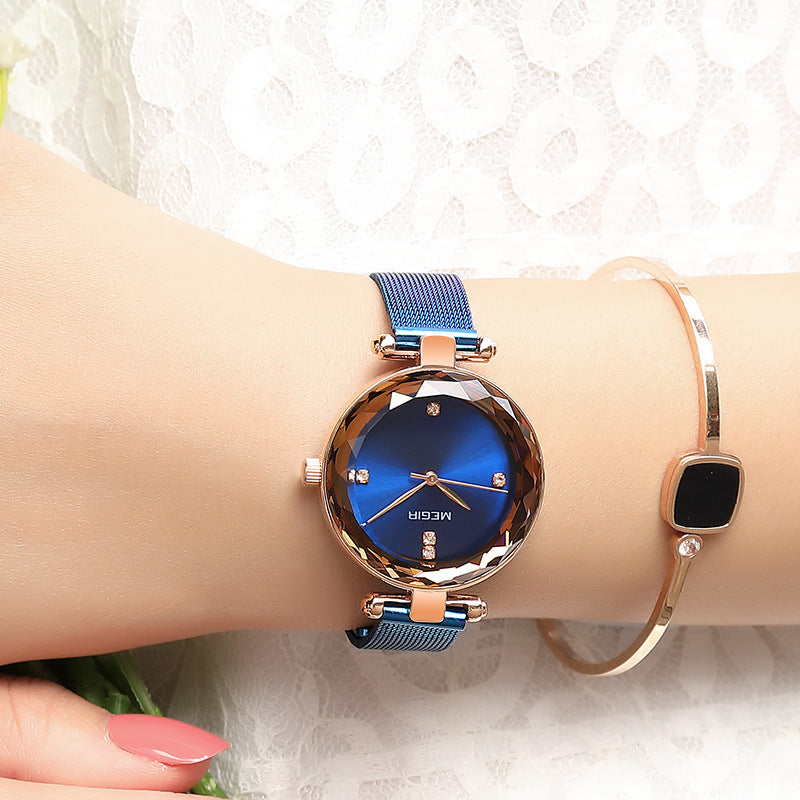 Stylish Cut-mirror Imported Movement Quartz Womens Watch With A Steel Band And Diamond Accents