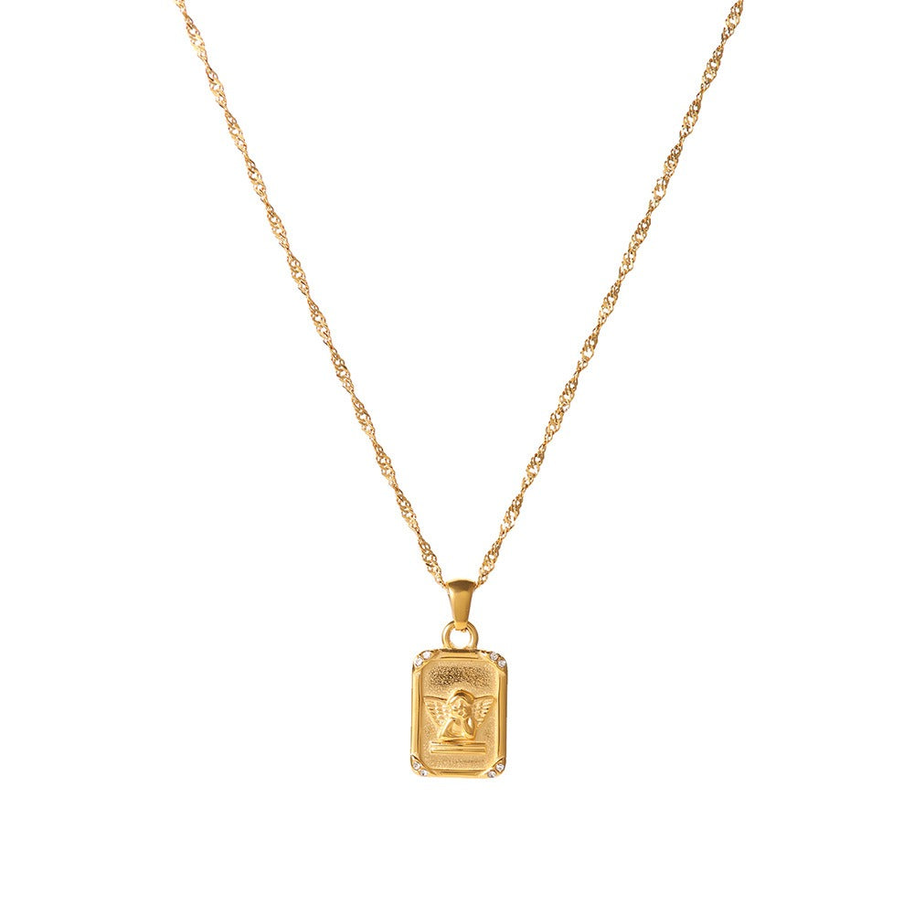 18K gold rectangular necklace with angel pattern design classic fashion necklace