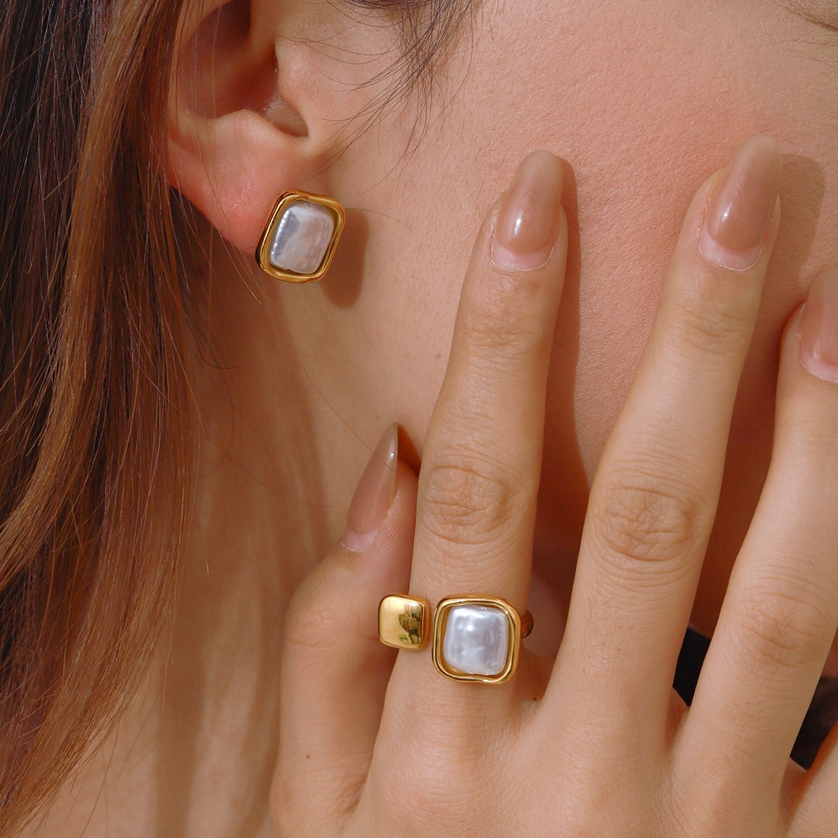 18k gold geometric inlaid pearls exquisite design noble earring ring set