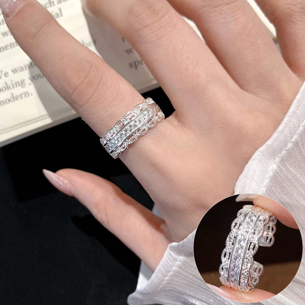 High Sense Star Open Ring For Women, INS Niche Brushed Texture Luxury Adjustable Index Finger Statement Ring