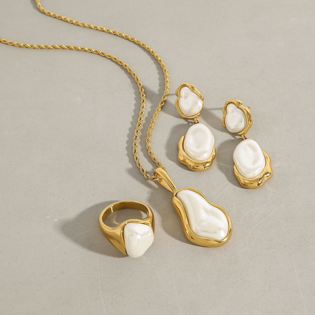 18K gold inlaid irregular pearl design light luxury fashion necklace earrings ring set