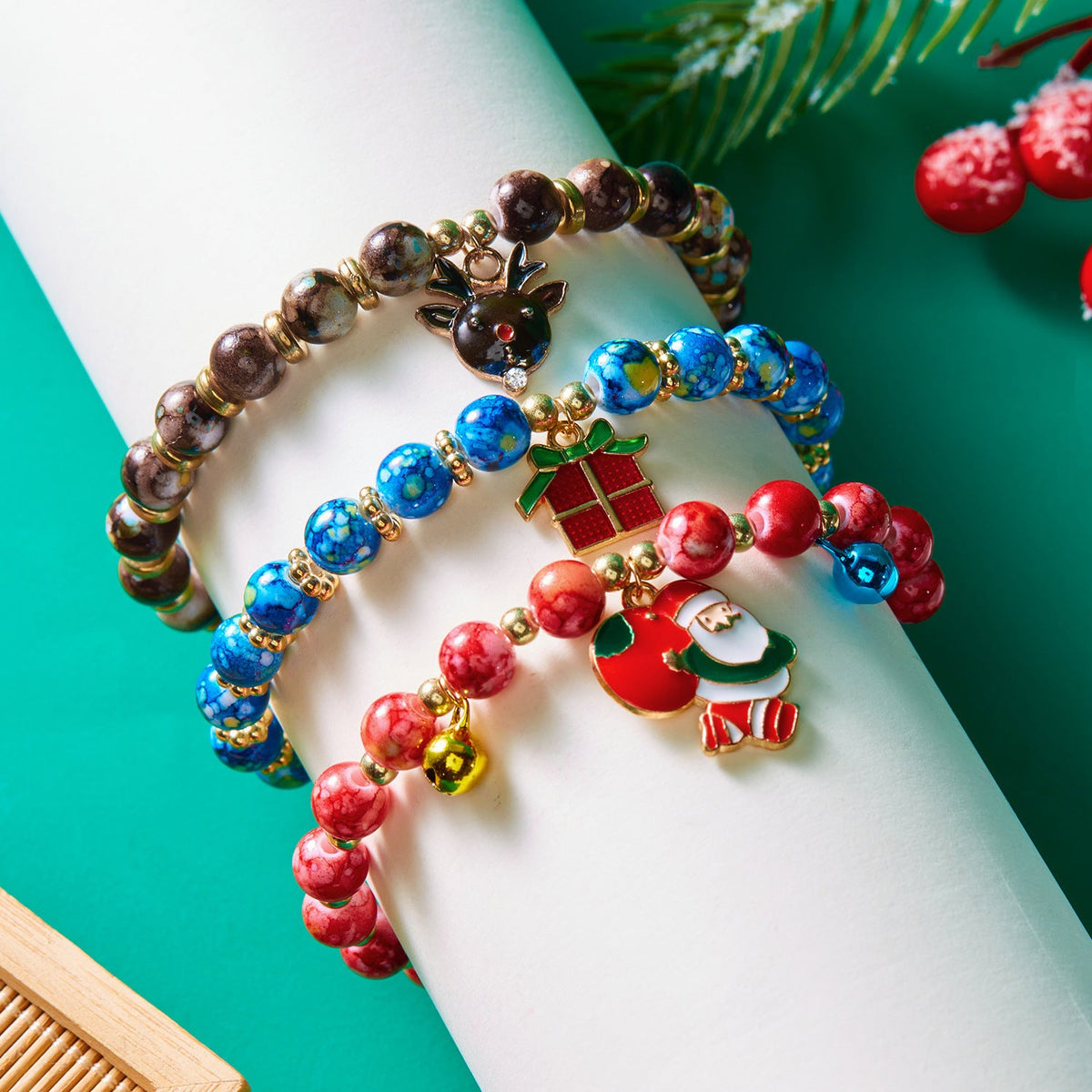 Europe And The United States Cross-border New Bracelet Three Christmas Christmas Tree Old Snowman Beaded Combination Bracelet Women Wholesale