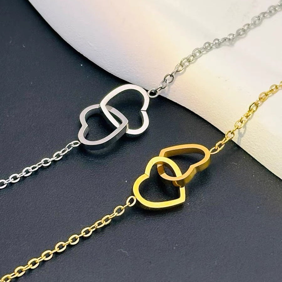 All-Titanium Steel Electroplated 18K Gold Cool Style Heart Double Ring Necklace For Women Niche Design Fashionable And Versatile High-End Sense