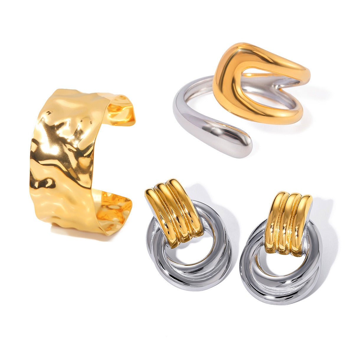 18K gold geometric shape with gold and silver color matching design high-end earrings, bracelets and rings set