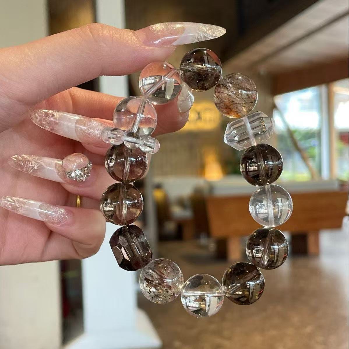 Natural Black Rutilated Quartz  Smoky Quartz Bracelet Clear Quartz Beaded Chain Unisex Energy Jewelry