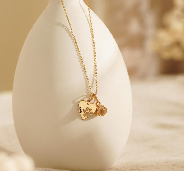 Personalized Heart & Paw Print Photo Custom Necklace