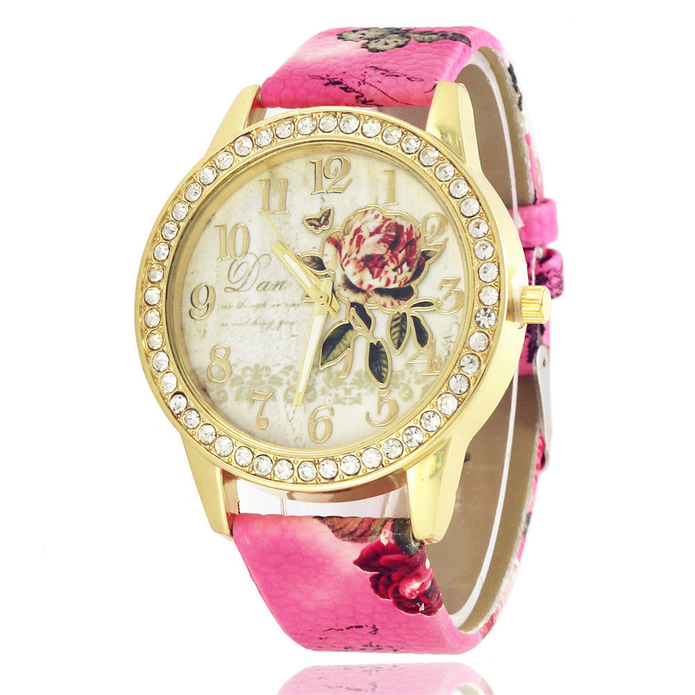 Diamond-inlaid Gold Case Rose Pattern Fashion Quartz Watch