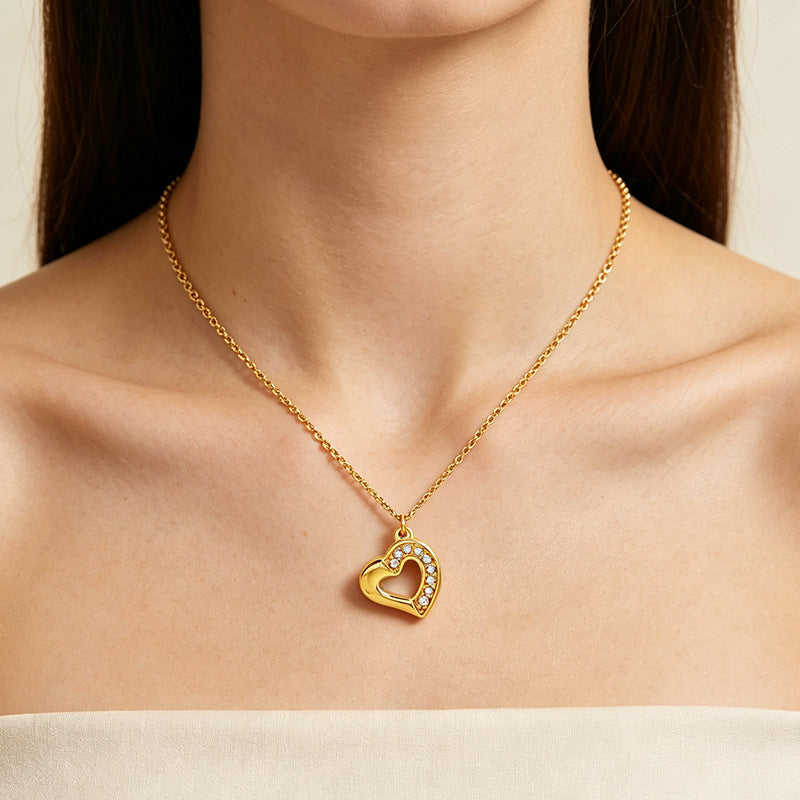 Korean-style Instagram Fashion, Elegant Heart-shaped Cubic Zirconia Couple Necklace, Women's High-end, Minimalist Stainless Steel With 18k Gold-plated Pendant