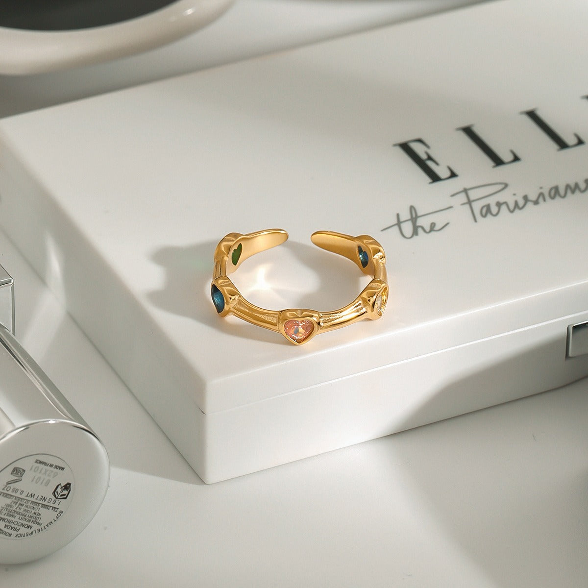 18K gold inlaid heart-shaped gemstone exquisite design open ring