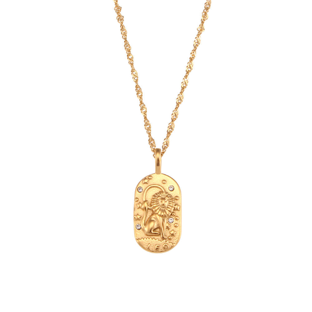 European And American Ins Fashion Minimalist Retro Pendant Jewelry Stainless Steel Cast Oval Brand Zircon Constellation Necklace