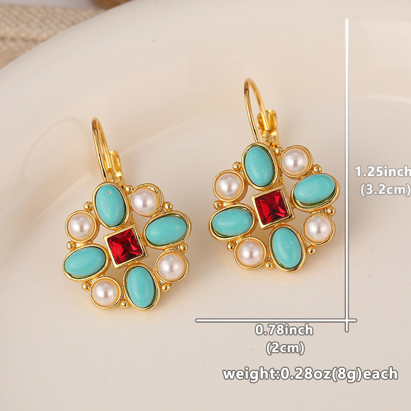 Vintage Turquoise Color Pearl Drop Earrings Gold Tone Brass Women Party Fashion Jewelry Elegant Gift