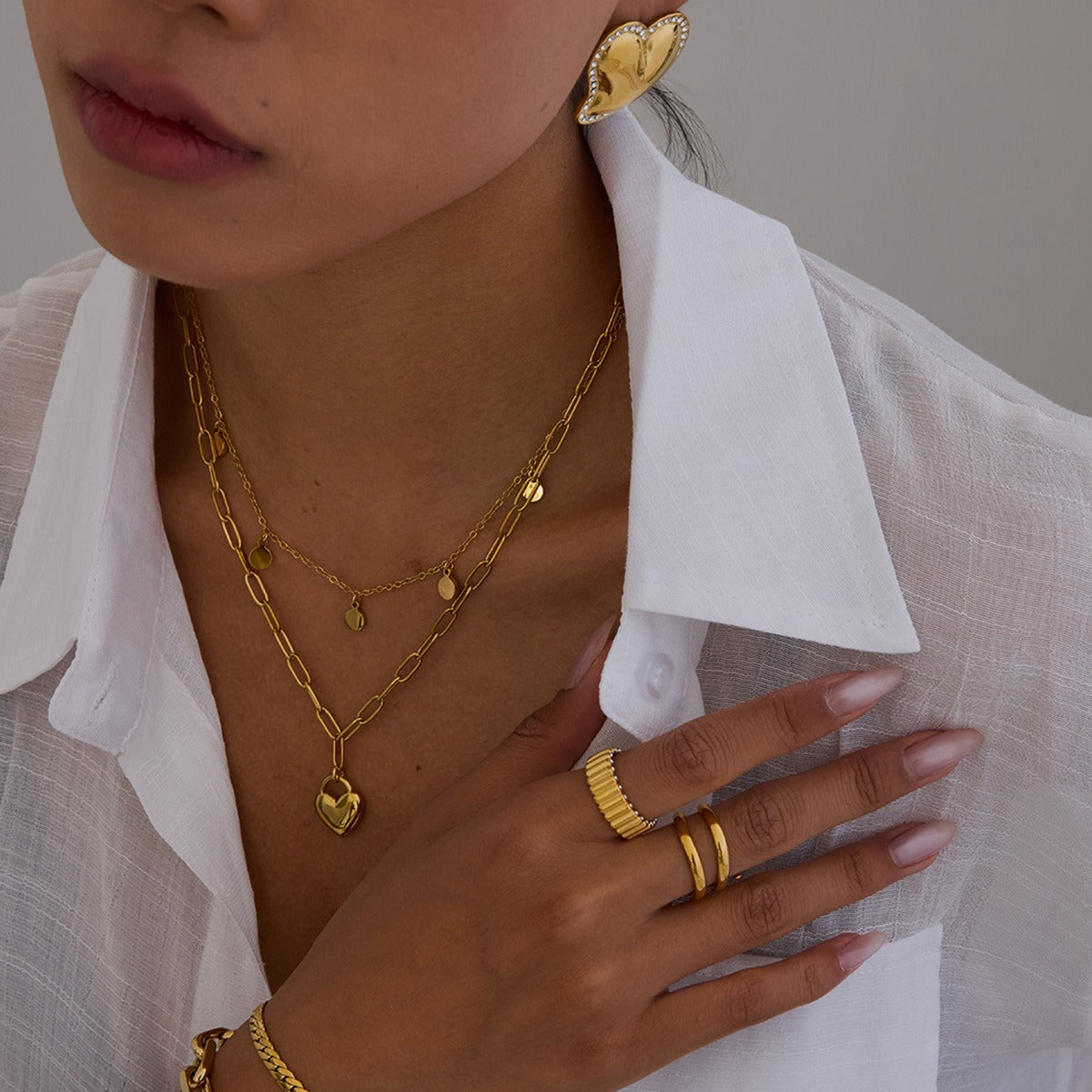 18K Gold Heart Shaped Earrings and Bracelet Set