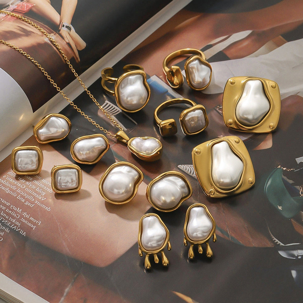 18K gold inlaid irregular pearls exquisite design noble necklace earrings ring set