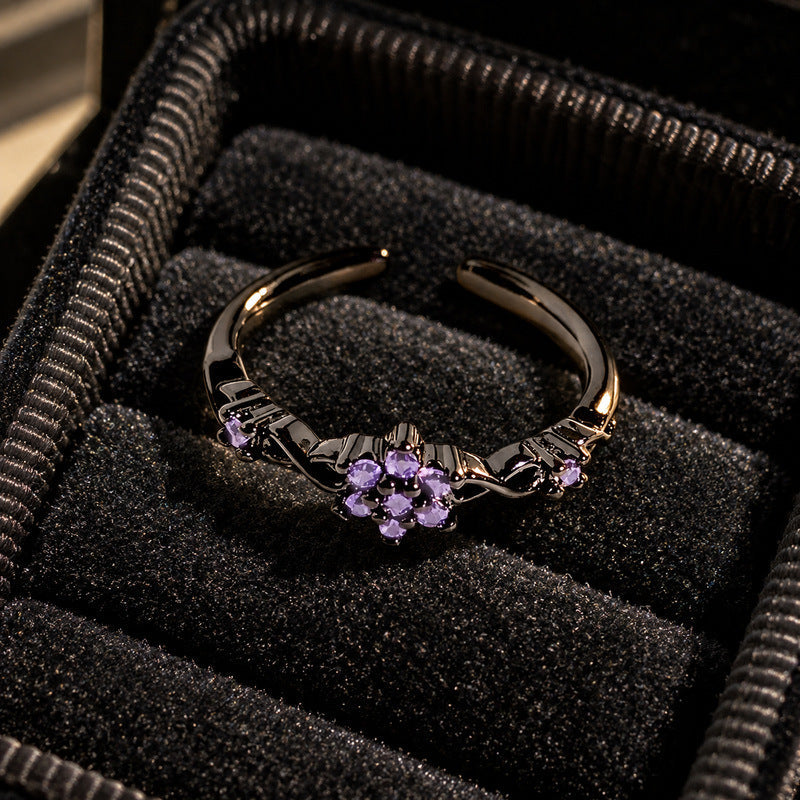 Wholesale Black Gun Tone Purple Cubic Zirconia Open Ring For Women, Niche High-End Retro Gothic Dark Style Finger Jewelry