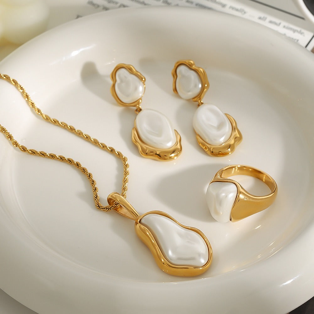 18K gold inlaid irregular pearl design light luxury fashion necklace earrings ring set