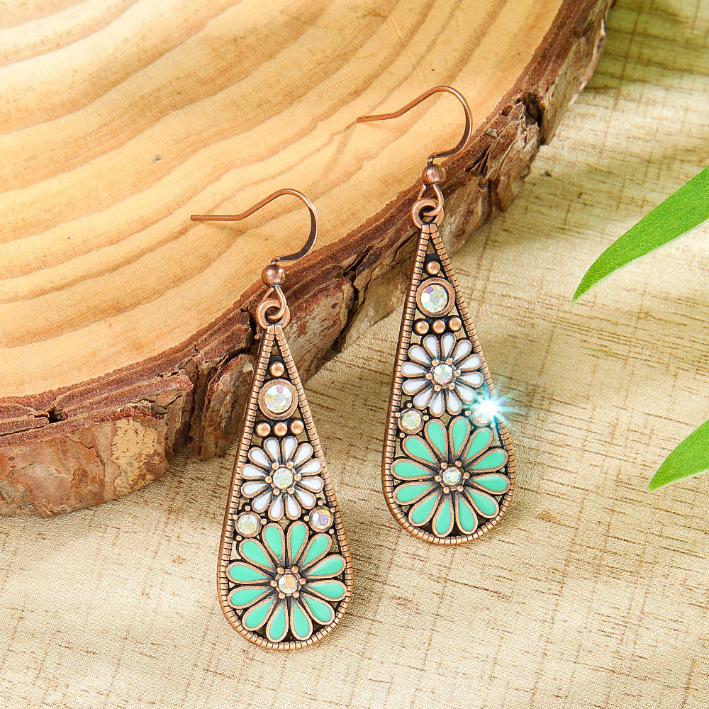 Metal Earrings Water-drop-shaped With Small Daisies Oil-drip Style