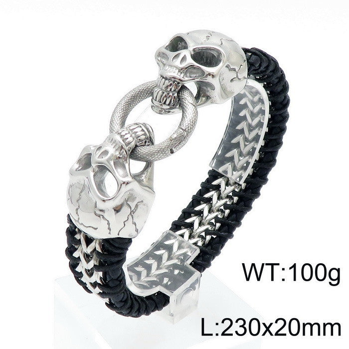 Titanium Steel Wolf Lion Skull Leather Bracelet