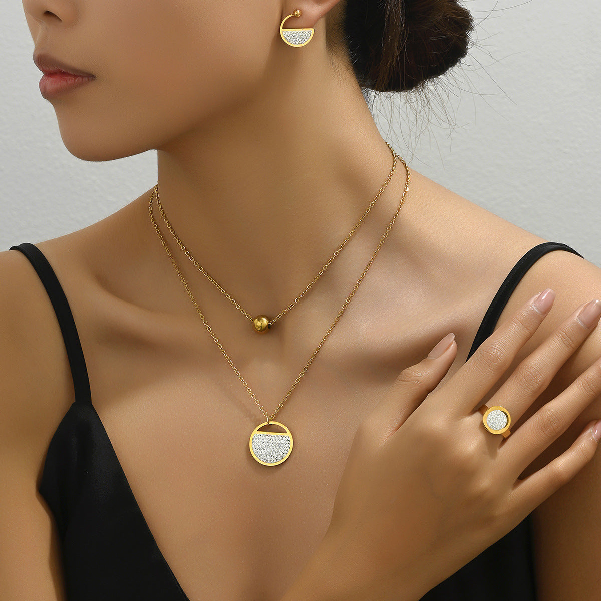 Ins Fresh Japanese-Korean Style Women's Ring Earrings Necklace Suit Distinctive Zircon Round Collarbone Chain All-match Bracelet