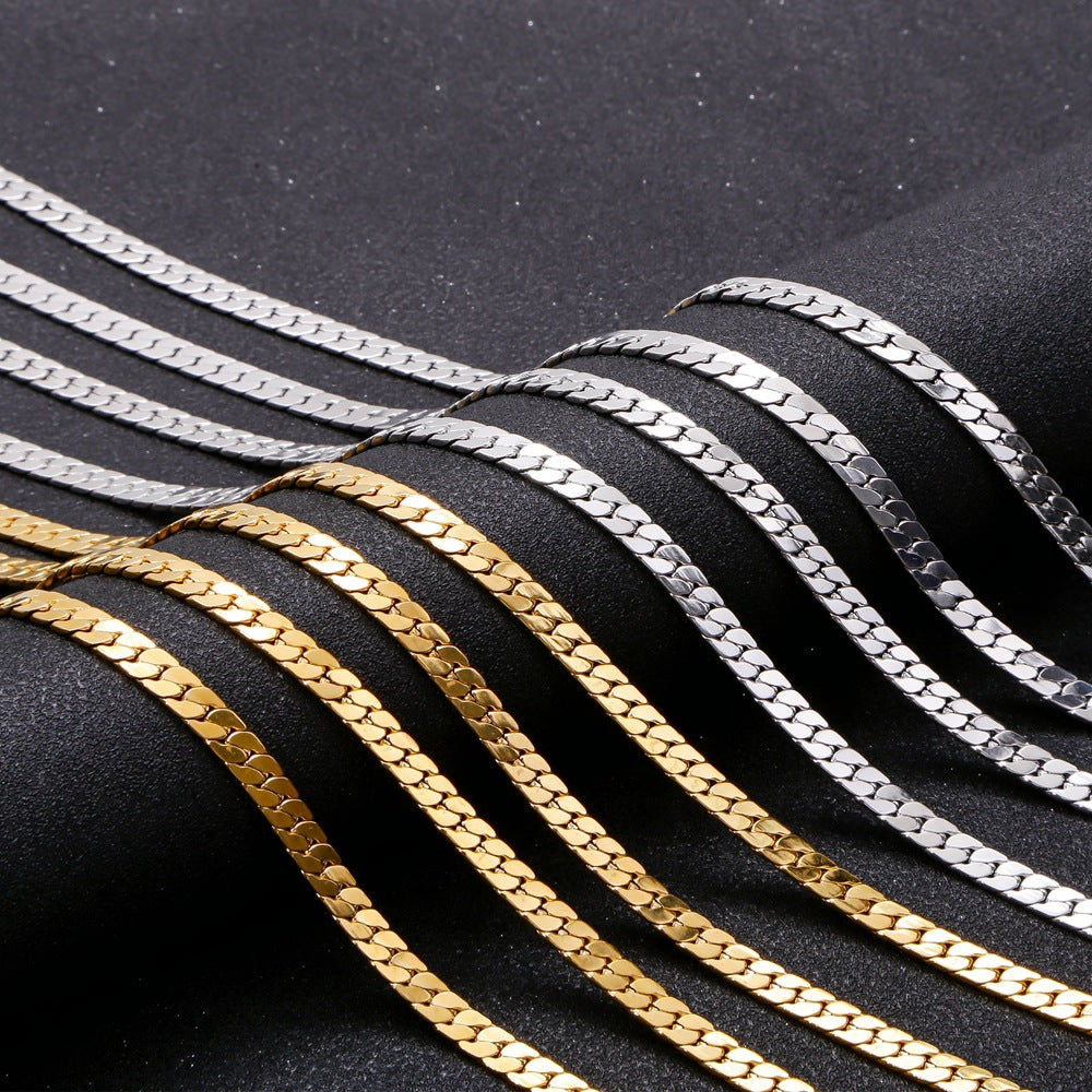 Stainless Steel 18K Gold Versatile Color-Preserving Necklace, Simple And Stylish For Commuting, Gold-Plated Flat Chain Pvd Plated With 18K Gold
