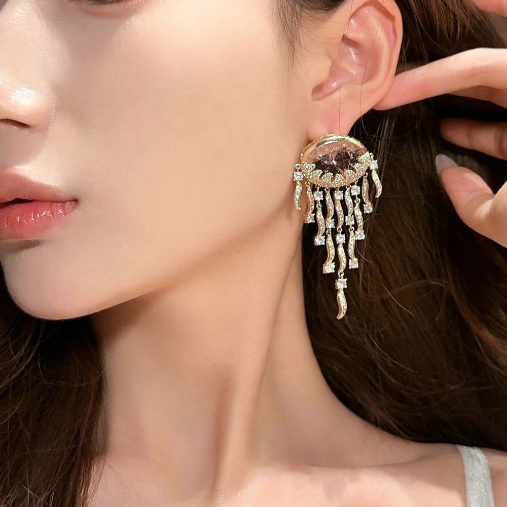 Jellyfish-Pattern Tassel Gemstone Earrings