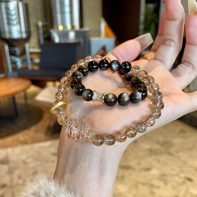 Natural Black Crystal  Smoky Quartz Bracelet Black Rutilated Quartz Double Layer Beaded Chain Unisex Energy Jewelry