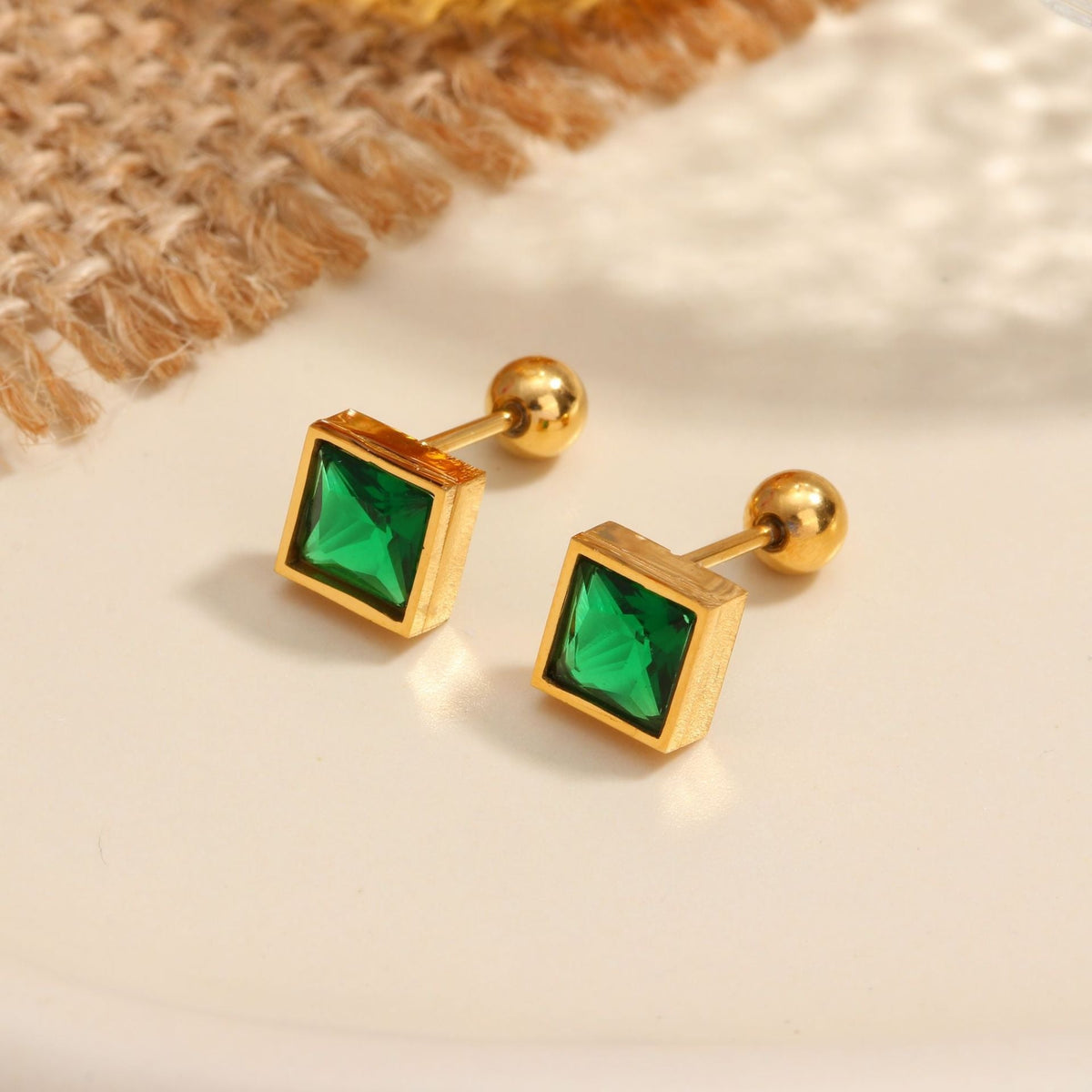18K gold geometric inlaid gemstone design high-end earrings