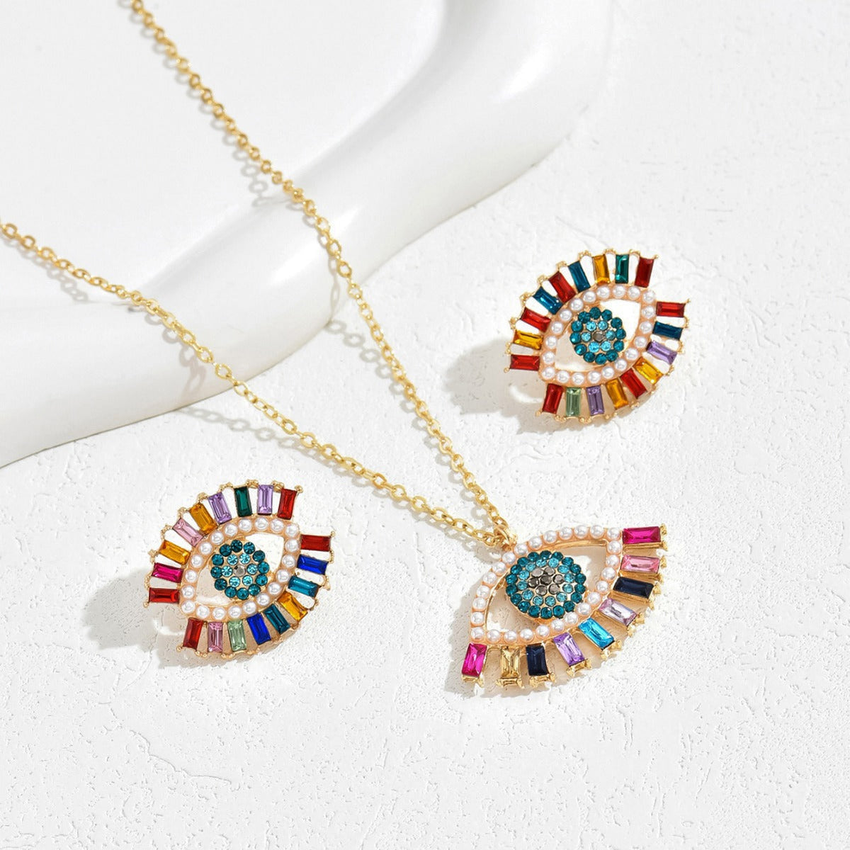 Ins Hip-hop Simple Style Necklace Earrings Women's Distinctive Angel Eye Design Diamond Earrings All-match Long Necklace