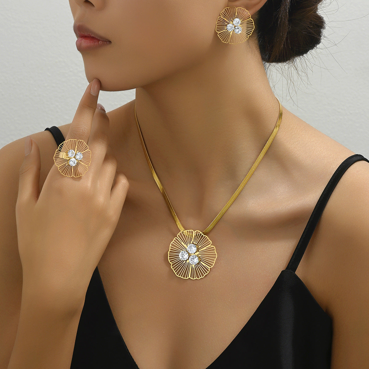 Korean Style Korean Style Fresh Sweet Women's Earrings Necklace Suit Distinctive Flower Exaggerated Design Finger Ring Jewelry
