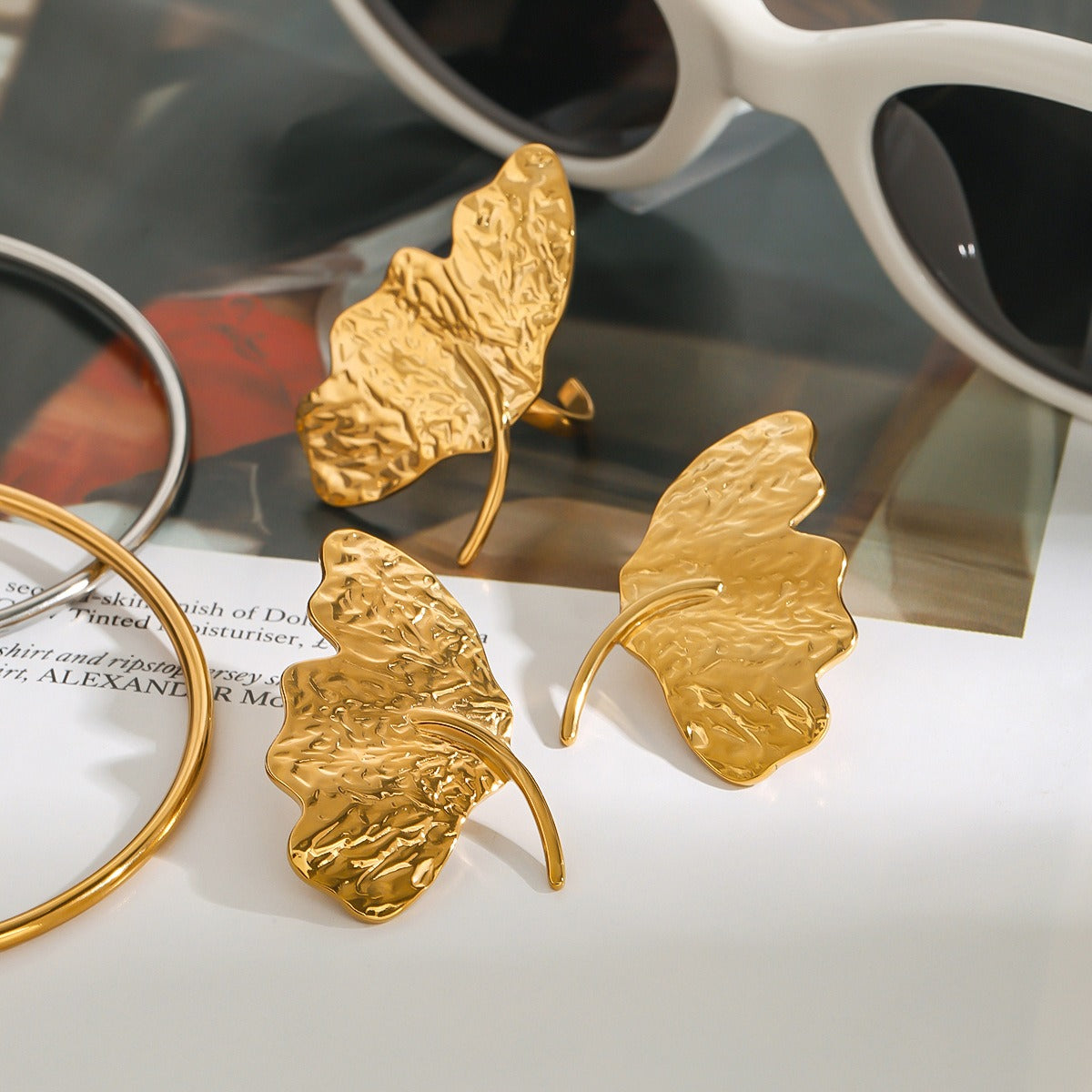 18K gold irregular leaves with texture design simple and unique earring ring set
