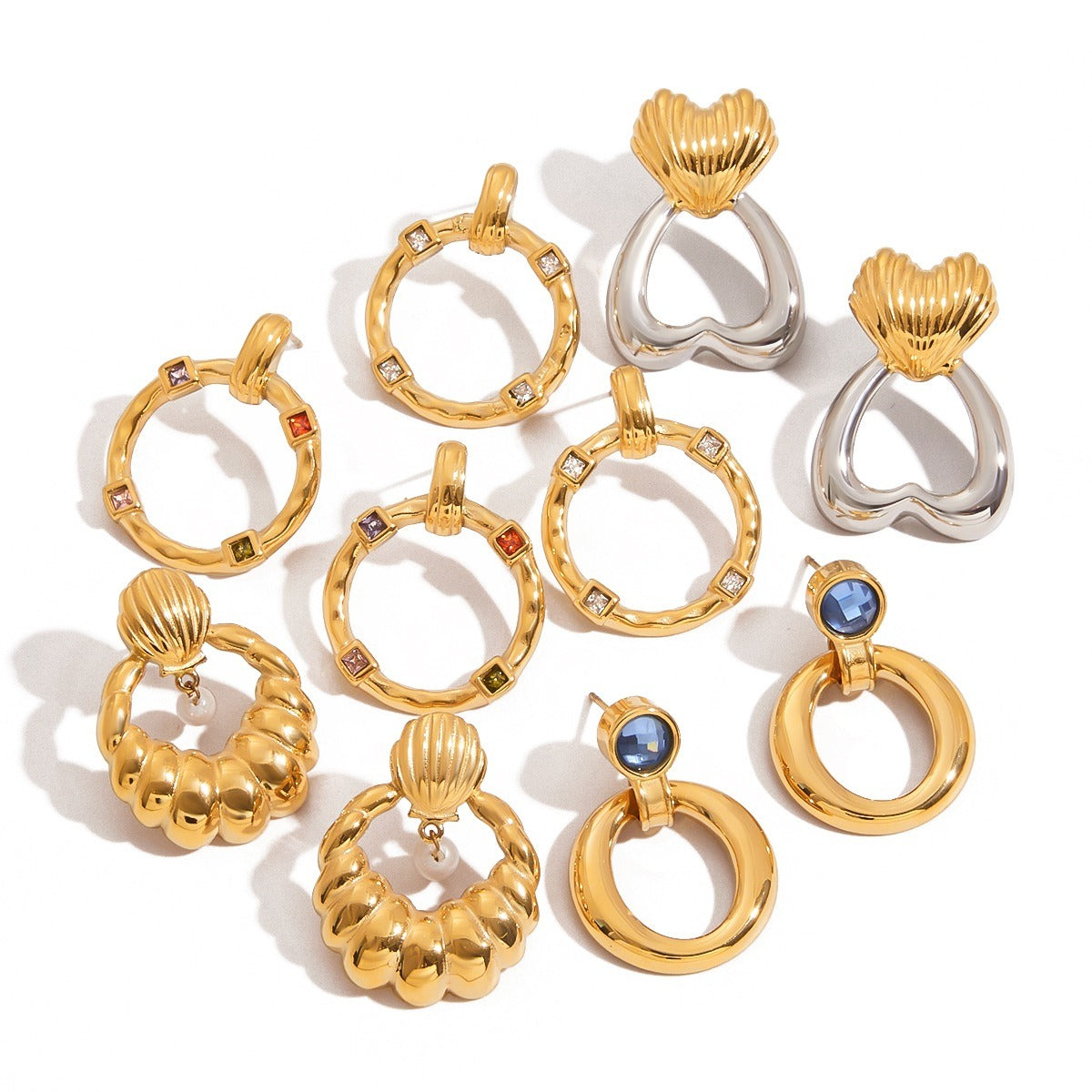 18K gold geometric inlaid gemstone design classic fashion earring ring set