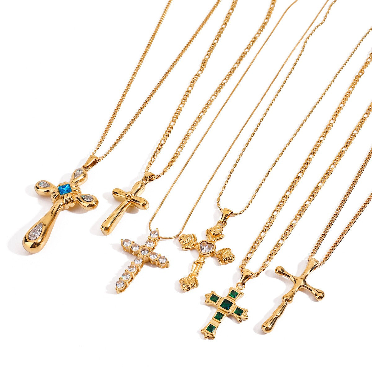 18K gold cross inlaid gemstone design exquisite and noble necklace