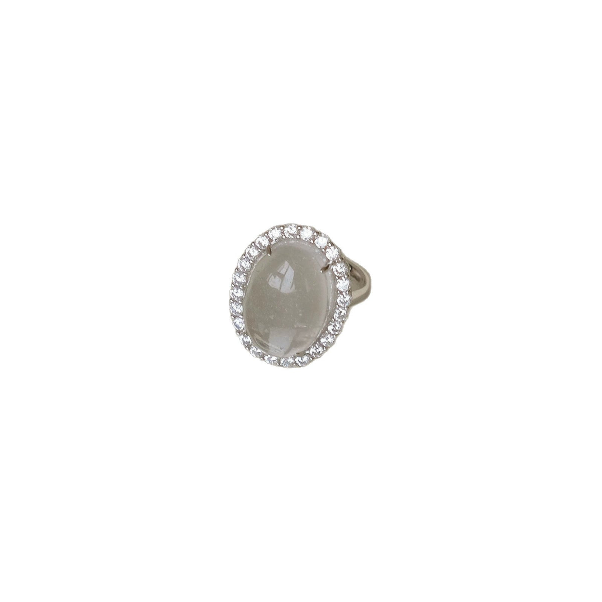 New Niche Design Oval Cabochon White Crystal Ring For Women, Micro Pave Cubic Zirconia, Light Luxury Versatile Commute Open Finger Ring