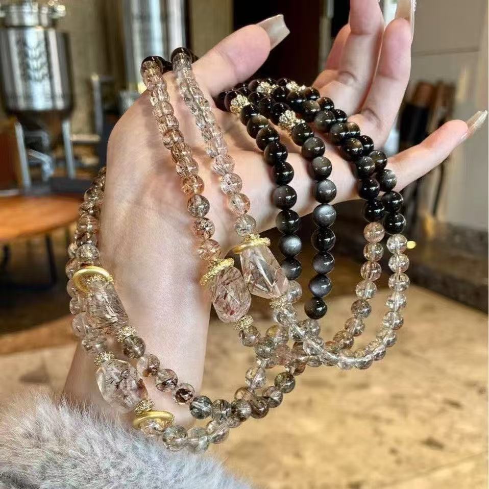 Natural Black Gold Super Seven Bracelet Smoky Quartz  Rutilated Quartz Multi Layer Beaded Chain Unisex Energy Jewelry