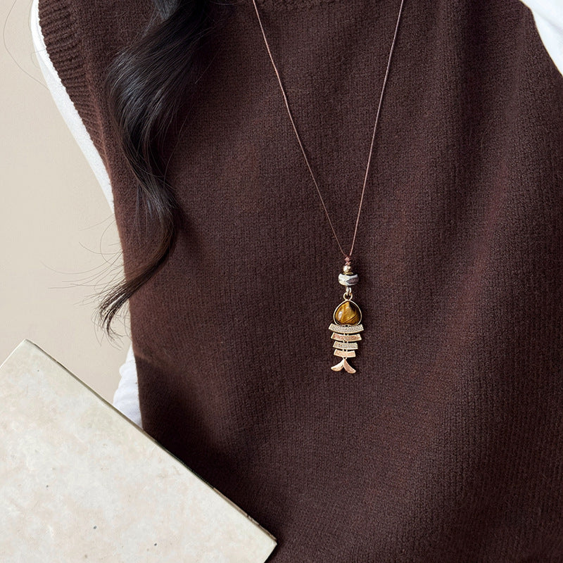 Maillard Vintage Tiger's Eye Stone Leaf Pendant Necklace For Women, Niche High Sense Elegant Delicate Versatile Sweater Chain Neck Jewelry