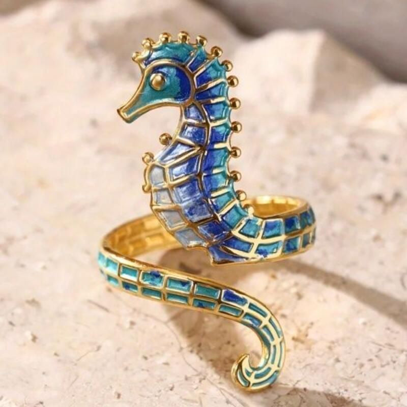 Ocean Vacation Style Seahorse Open Ring For Women, Vacuum Gold Plated Stamped Titanium Steel Stainless Steel Jewelry