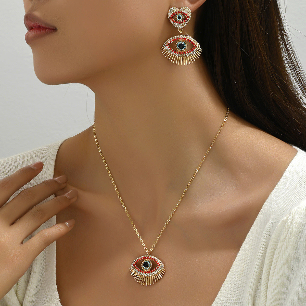 European And American Fashion Hip Hop Style Women Necklace Personalized Love Devil's Eye Niche Design Earrings Long Chain