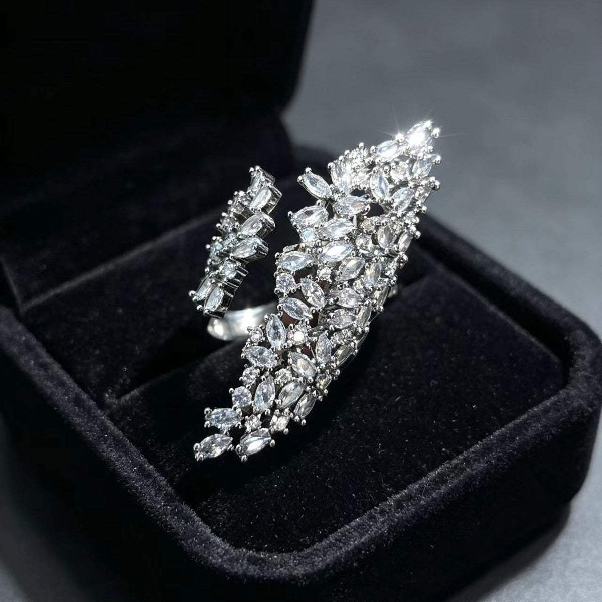Zircon Inlaid Feather Open Ring