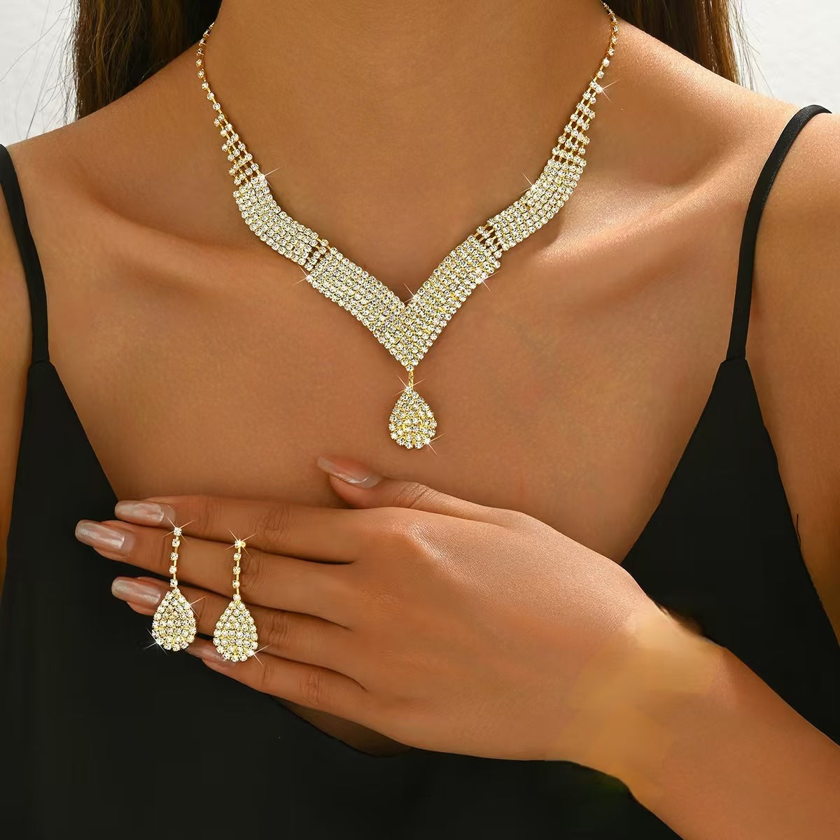 Spot Multi-Color Hot-Selling Wedding Jewelry Necklace Earrings Jewelry Set Luxury Rhinestone Bridal Set Chain