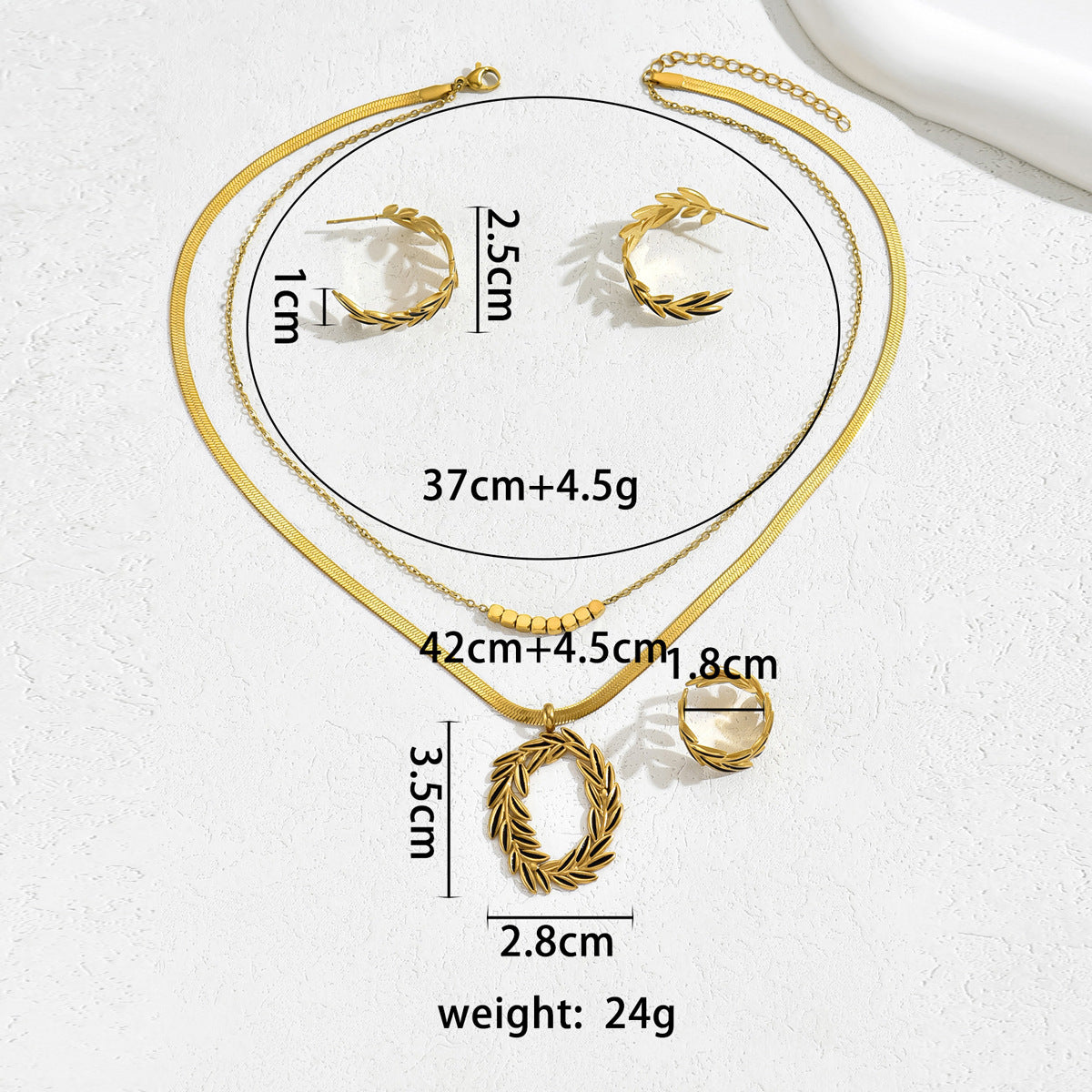 Fashion Simple Wind Ring Ladies Necklace Jewelry Suit Niche Leaves Drop Oil Design Earrings Long Chain