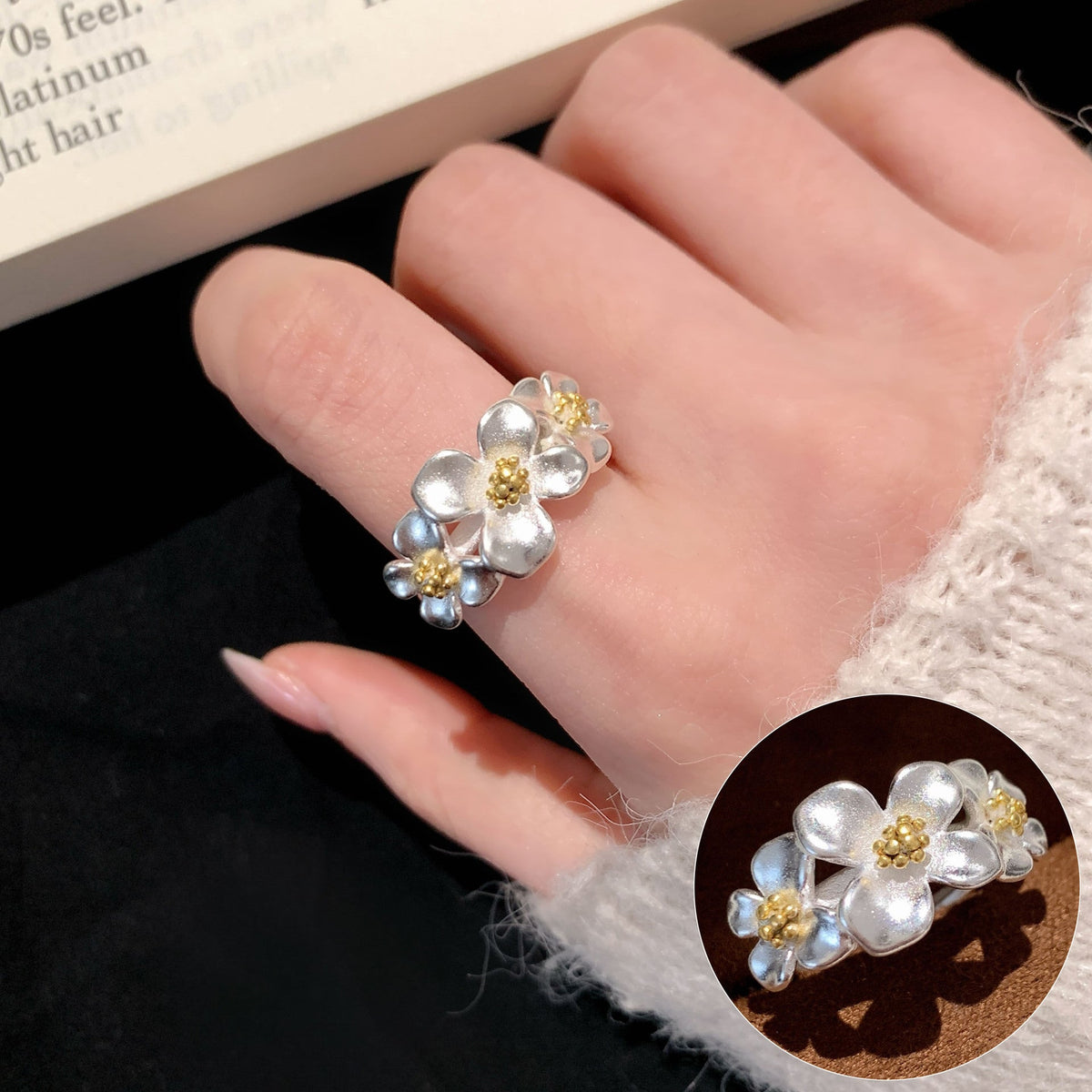High Sense Star Open Ring For Women, INS Niche Brushed Texture Luxury Adjustable Index Finger Statement Ring